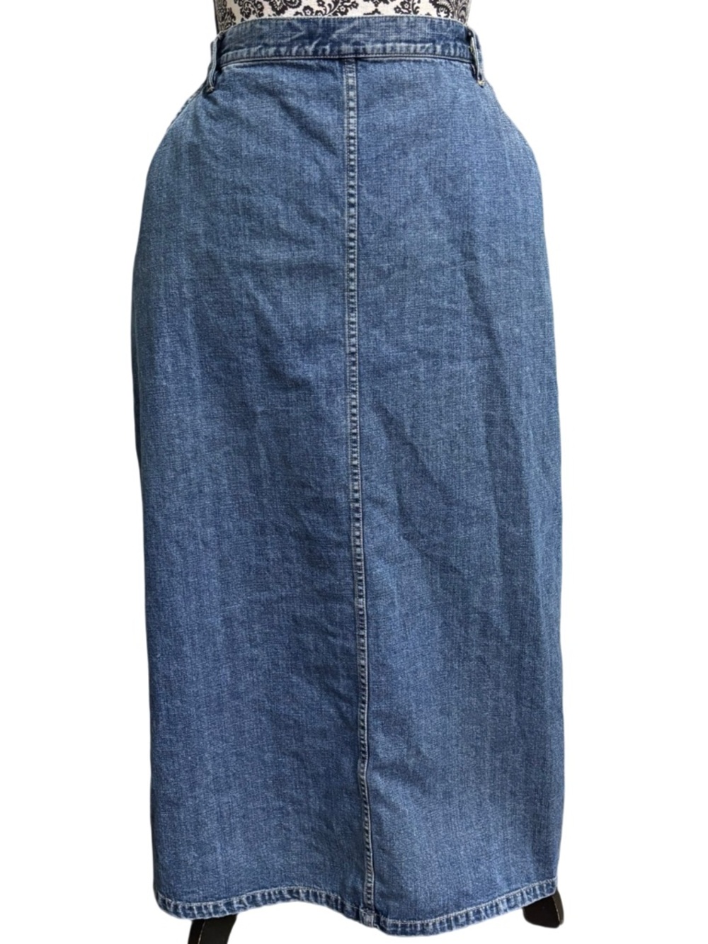 Vintage Classic Blue Denim Maxi Skirt 14 Petite Brass Button Closure